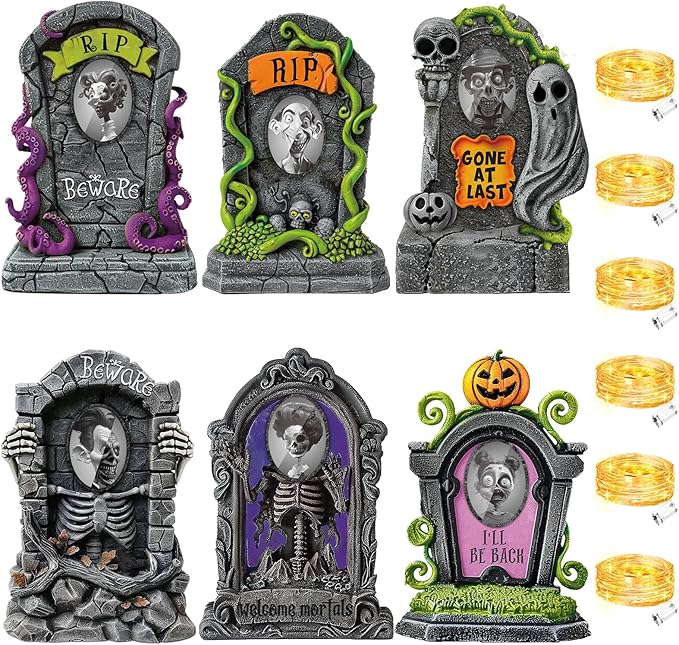 Hiboom 6 Set Large Halloween 3D Changing Face Rip Graveyard Tombstones and 23.6x15.7 Inch Halloween Skeleton Headstone 6 Pcs LED String Lights Halloween Decoration for Yard Garden Lawn