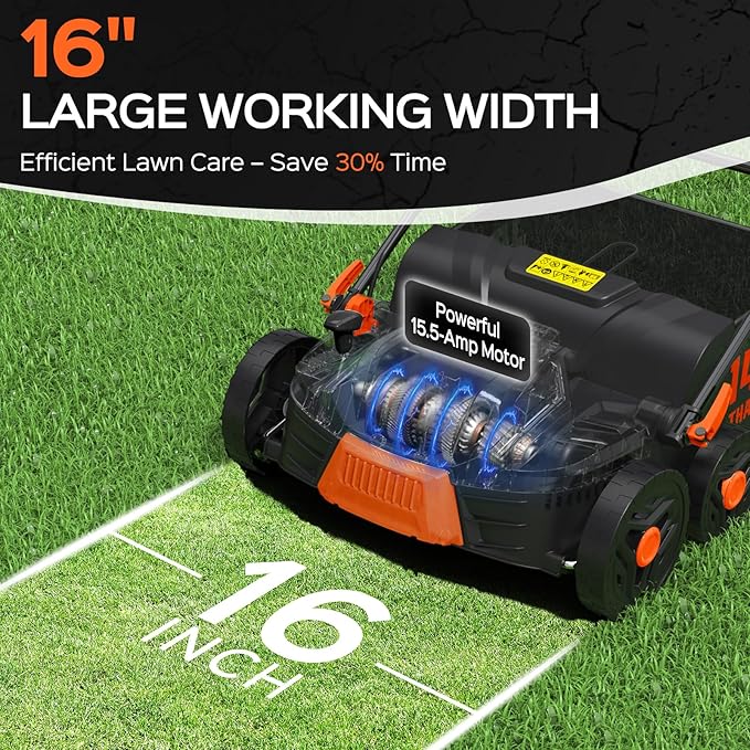 2025 Upgrade 16-Inch 15.5 Amp 2-in-1 Electric Dethatcher and Scarifier with 14.5-Gallon Collection Bag, Lawn Dethatcher with 5-Position Depth Adjustment, Keeps Lawn Healthy – Bright Orange
