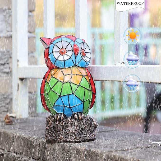 Solar Owl Garden Statues,Owl Decor for Outdoor,Resin Colorful Owls Figurine with Solar Light for Patio,Balcony,Yard,Lawn Ornament,Perfect Garden Gift