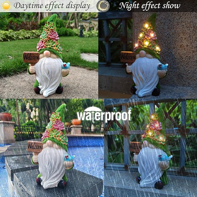 Solar Gnomes Garden Statues,Resin Gnome Figurine Holding Welcome Card and Bird with Solar Lights, Outdoor Gnomes Decorations for Yard Patio Lawn Porch, Garden Gifts