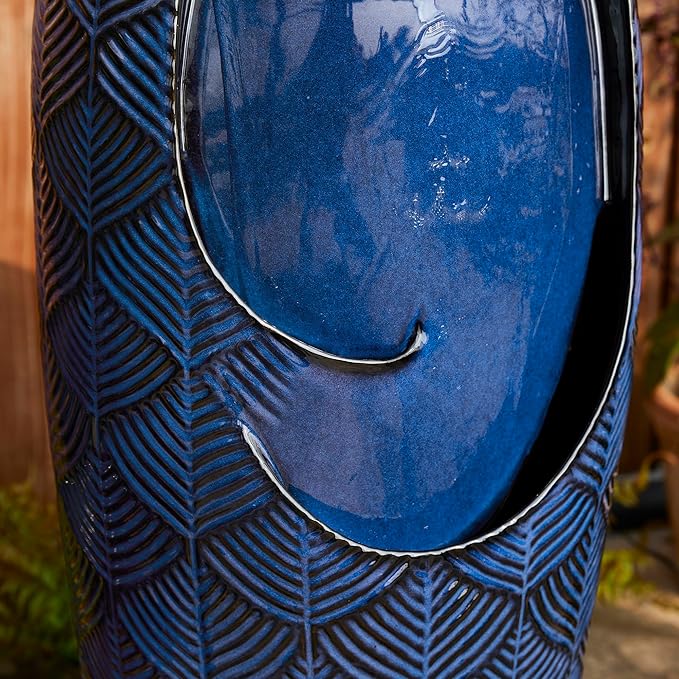 Glitzhome 29.25" H Oversized Ceramic Vase Outdoor Water Fountain, Tall Scale-Like Textured Glaze Patio Garden Water Fountain with LED Light and Submersible Pump Yard Art Decor, Cobalt Blue