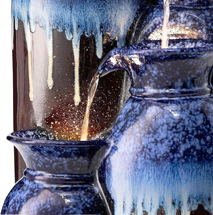 Glitzhome 30.75" H Vase Ceramic Outdoor Water Fountain with LED Lights and Pump, 4-Tier Cobalt Blue and Brown Reactive Glaze Cascading Pots Standing Fountain for Porch Deck Garden Patio Backyard