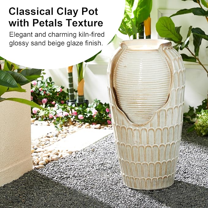 Glitzhome 28.25" H Oversized Ceramic Petals Textured Jar Outdoor Water Fountain, Vintage Sand Beige Glaze Vase Patio Garden Waterfall Fountain with LED Light and Submersible Pump