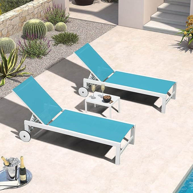 PURPLE LEAF Outdoor Chaise Lounge Set of 4 White Aluminum Lounge Chair Outdoor with Wheels Five-Position Adjustable Patio Lounge Chair for Pool Deck Yard, Turquoise
