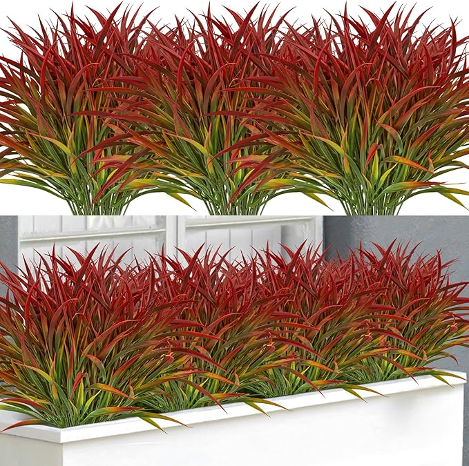 Ouddy Decor 16 Bundles Artificial Plants Outdoor Fake Grass Greenery Stems UV Resistant Faux Plastic Plants Shrubs for Autumn Home Garden Pathway Farmhouse Front Porch Harvest Thanksgiving Decor, Red