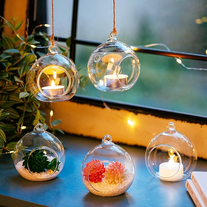 Nuptio 8 Pcs 3.15"/ 8cm Hanging Glass Tealight Holder Globe Plant Terrariums Glass Orbs Air Plants Tea Light Candle Holders Home Decor Indoor Outdoor Garden (with 2 Holes, 6 Pcs + 2 Pcs)