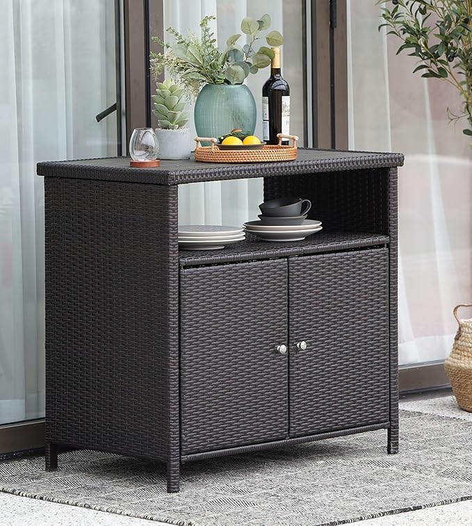 Grand patio Wicker Storage Cabinet Outdoor Waterproof Buffet Cabinet Patio Bar Table with Two Doors and Shelves Wicker Sideboard for Garden Kitchen Pool Dark Brown
