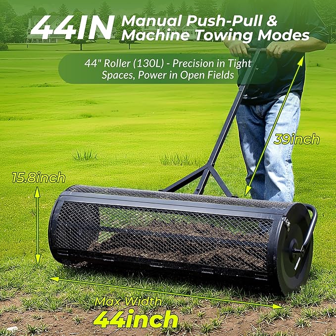 Walensee 44 Inch Compost Spreader Peat Moss Spreader with Side-Latch Design, Upgraded Large-Capacity Metal Mesh Roller for Lawn and Garden Care, Durable Manure Spreader for Seeding and Fertilizing