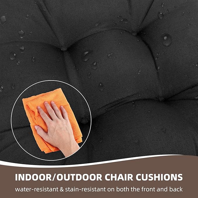 RACE LEAF Outdoor Cushions 17" x 17" Patio Chair Seat Pads, Set of 2 Thick Fill Tufted Square Patio Cushions, Water-Resistant Olefin Chair Seat Cushion with Ties for Non-Slip Support, Black