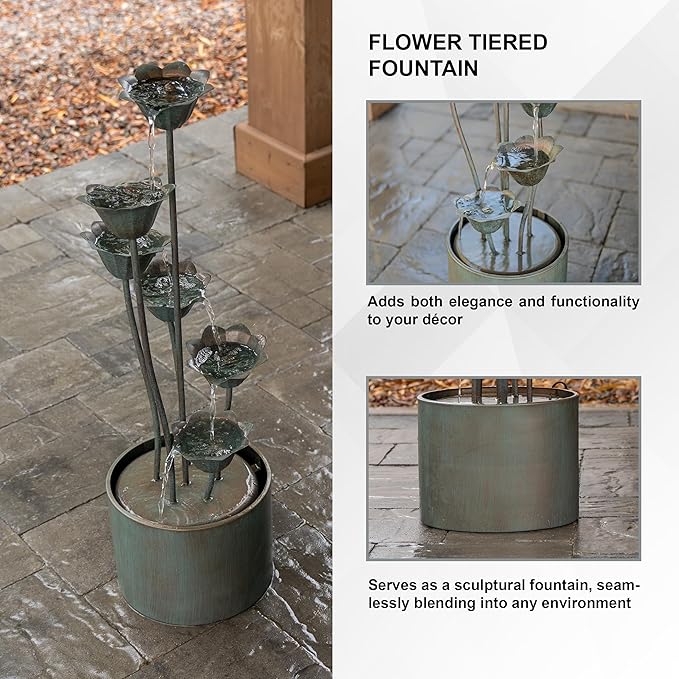 XBrand Freestanding Sculptural Metal Multi-Tiered Flower Water Fountain, No LED Lights, Silver, 35" Tall
