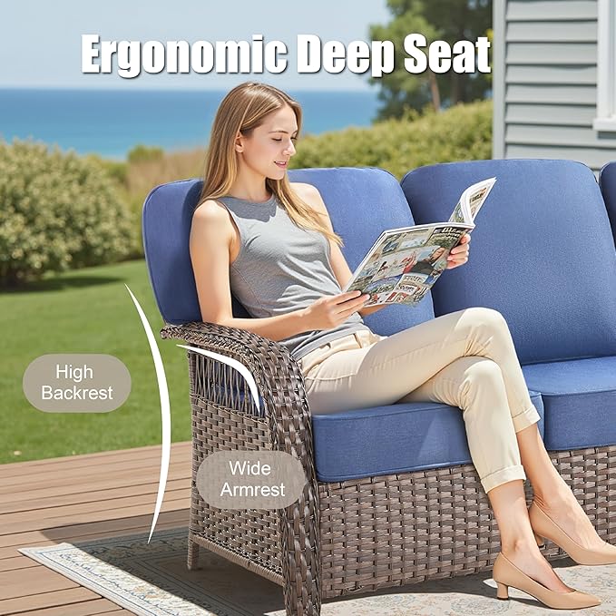 Patio Furniture Set, All Weather 3 Pieces Wicker Outdoor Small Sectional Set, 5" Thick Rattan Conversation Set with 3-seat Sofa and Ottoman for Lawn, Garden, Blue/Brown Wicker