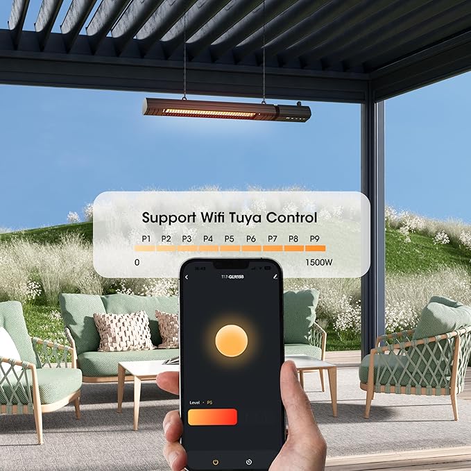 Ceiling Electric Outdoor Heater Wall-Mounted Hanging Patio 1500W Infrared 9 Heat Levels, 24H Timers, 1s Heating Carbon Fiber Tube Wall Heater for Gazebo, Balcony