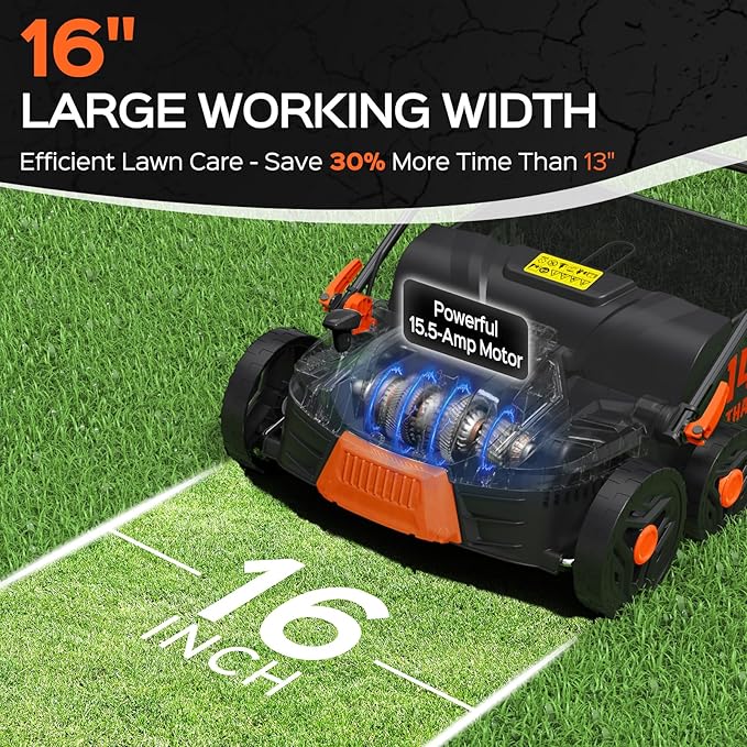 16-Inch 15.5 Amp 2-in-1 Electric Dethatcher and Scarifier with 14.5-Gallon Removable Thatch Collection Bag, Lawn Dethatcher with 5-Position Adjustment, Quick-Fold, Keeps Lawn Healthy - Orange
