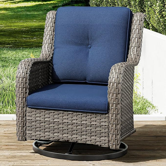 Joyside Outdoor Swivel Rocker Patio Chair - Outdoor Wicker Glider Rocking Chair with Olefin Fabric Cushions Suitable for Porch Deck and Backyard(Mixed Grey/Dark Blue)