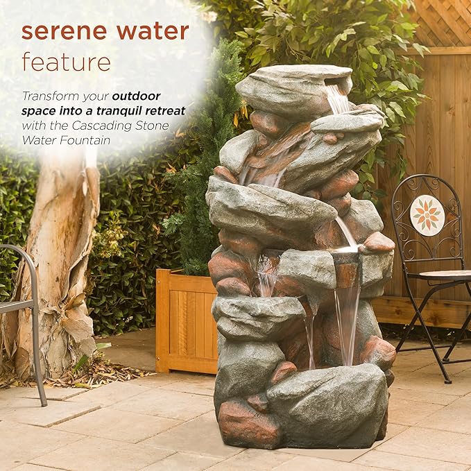 Alpine Corporation WIN1548 Outdoor Floor Cascading Stone Fountain with LED Lights, Tiered Garden Water Fountain, 53" H, Gray