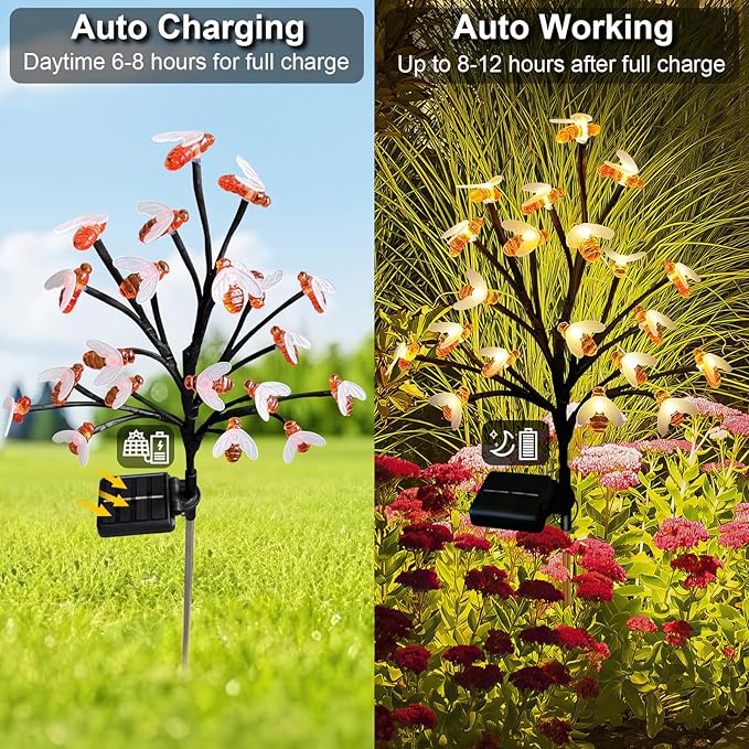 Solar Garden Lights Outside - 4 Pack 80 LED Solar Bee Lights Outdoor Waterproof with 8 Modes Landscape Decoration for Garden Patio Yard Walkway Grass Spring Decor (Warm White)