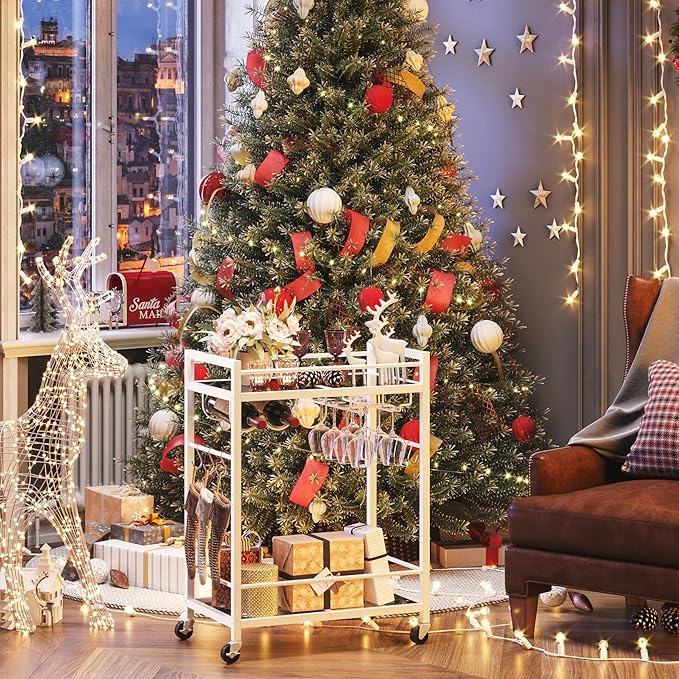 TUTOTAK Bar Cart, Serving Cart for Home, Microwave Cart, Drink Cart, Mobile Kitchen Shelf with Wine Rack and Glass Holder, Rolling Beverage Cart, White BC01BW031