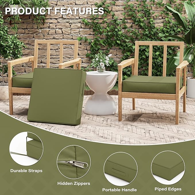 Patio Chair Cushions 22 X 22 X 4 Inch Waterproof Outdoor Seat Cushions for Patio Furniture, Outdoor Sofa Couch Pads with Ties & Handle, Set of 2, Light Green