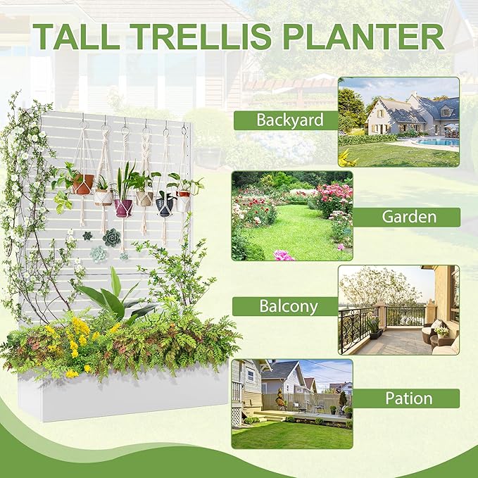 Trellis for Climbing Plants Outdoor，Mental Garden Bed with Drainage Holes Outdoor Privacy Screen Design Tall planters for herb Flower Vegetables 73"x47"x16", White-Louvered