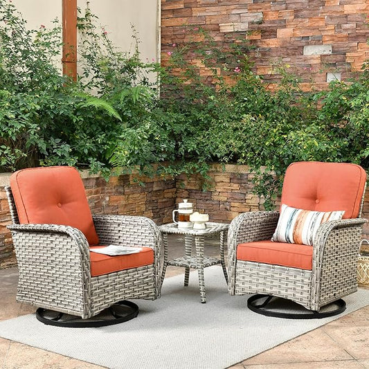 Outdoor Swivel Rocker Patio Chairs with Side Table,Wicker Swivel Rocking Chair Set of 2,3PCS High Back Wicker Patio Furniture Set Glider Chairs for Porch, Balcony, Deck,Yard,Red