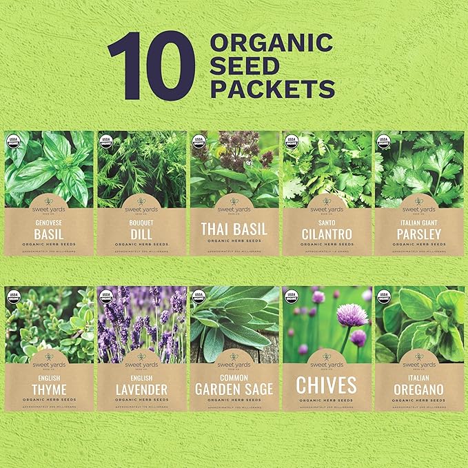 Organic Herb Seeds Variety Pack - 10 Individual Packs - 2025 Season - Basil, Cilantro, Dill, Thyme, Parsley and More! for Indoor & Outdoor Planting (Non-GMO, Certified Organic)