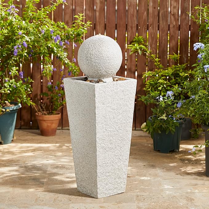 Glitzhome Outdoor Water Fountain with LED Light, Modern Oversized Sphere Pedestal Water Fountain with Submersible Pump, Modern Geometric Outdoor Fountains for Garden Patio Porch, 40.25" H