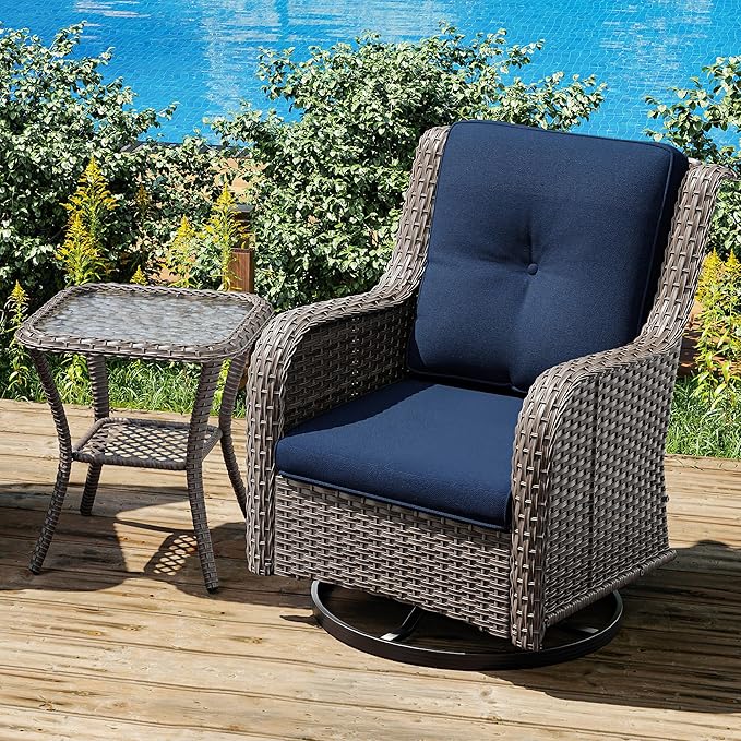 Joyside Outdoor Swivel Rocker Patio Chair and Matching Side Table - 2-Piece Wicker Patio Bistro Set with Premium Fabric Cushions (Brown Mixed with Grey/Blue)