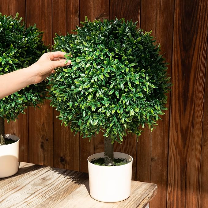 Premium 16" Diameter Artificial Japanese Boxwood Topiary – Set of 2 Faux Plants in Beige Decorative Planters – Realistic, UV-Resistant, Weatherproof Outdoor & Indoor Décor