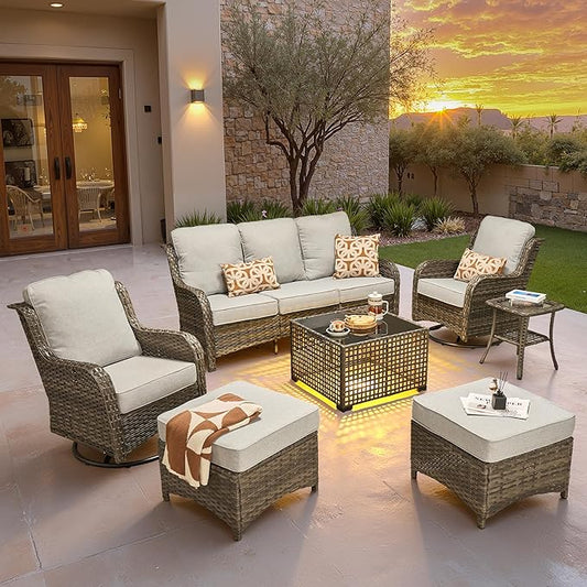ovios 7 Pieces Patio Furniture Set, Outdoor Wicker Sofa Couch with Swivel Chairs Solar Lights Table, High Back All Weather Modern Conversation Sets, Grey Rattan, Grey