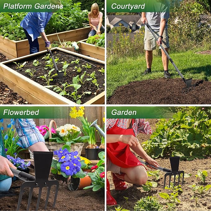 Walensee Hoe Garden Tool, 63 Inch Garden Hoe with Adjustable Long Handle for Weeding, 5-Tines Hoe Cultivator 2 in 1 Hand Weeder Tools for Yard Lawn Planting Gardening Digging