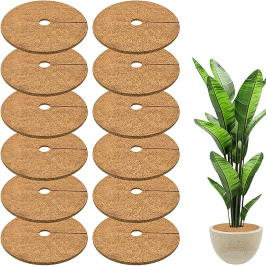 ZeeDix 12 Pack 12 Inch Coconut Fiber Mulch Ring, 100% Natural Coco Coir Tree Ring Mulch Mat Plant Protector Mat, Coconut Coir Discs Plant Pot Soil Cover for Indoor Outdoor Plants, Garden Decoration