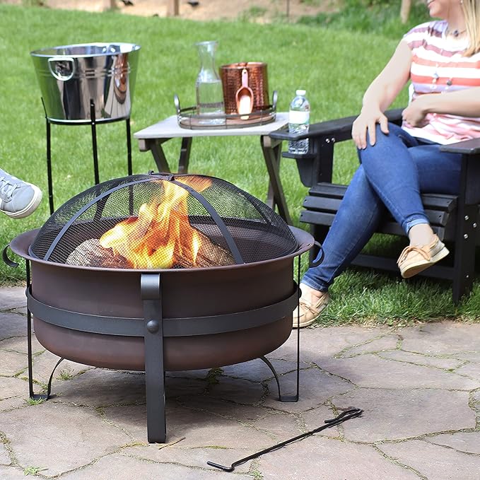Sunnydaze 29-Inch Wood-Burning Outdoor Fire Pit - Bronze Cauldron Wood Fire Pit for Outside - Includes Poker and Spark Screen