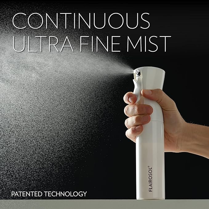 FLAIROSOL - The Original, Spray Bottle for Hair, Continuous Ultra Fine Water Mister Spray Bottle for Hairstyling, Barbers, Salons, Cleaning, Plants, 10.1oz/300ml, White Bottle - Black Print