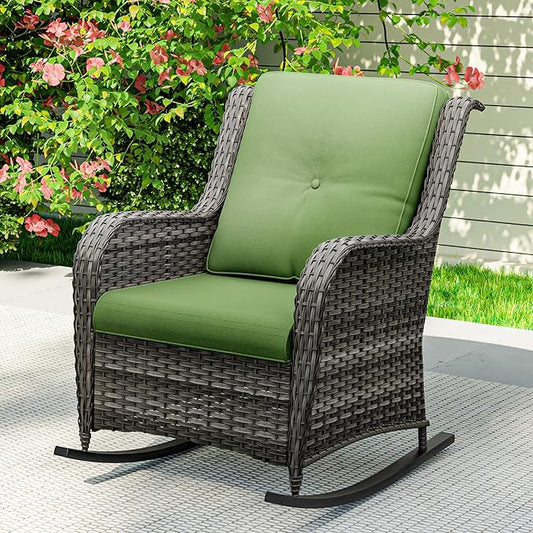 1 PC Outdoor Rocking Chair, Wicker Patio Rocker Chair for Yard, Porch, Mixed Brown Grey Rattan, Green Cushions