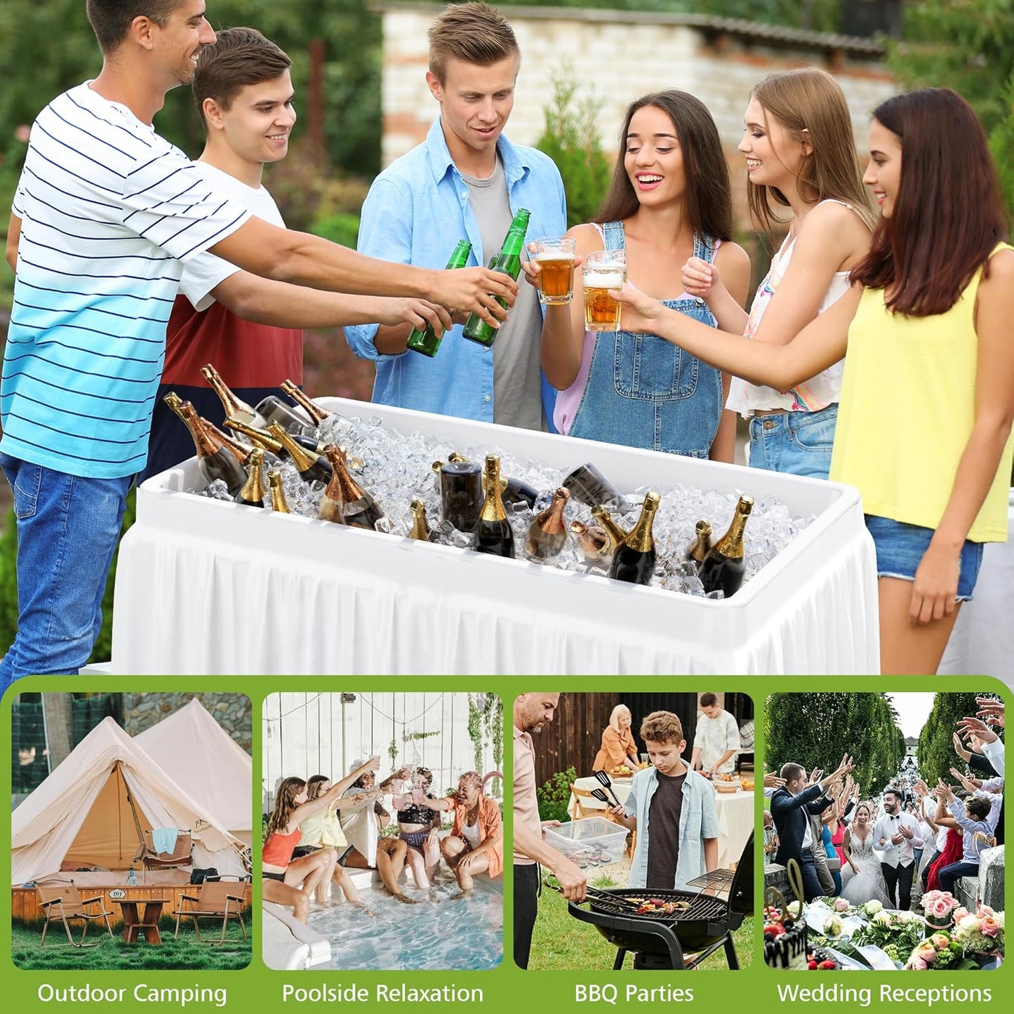 4 Foot Ice Cooler Table with Matching Skirt & Drain Hose, with Iron Stand, Portable Patio Outdoor Chilling Table Portable Bar for Events for Party, Picnic, BBQ, Camping (White)