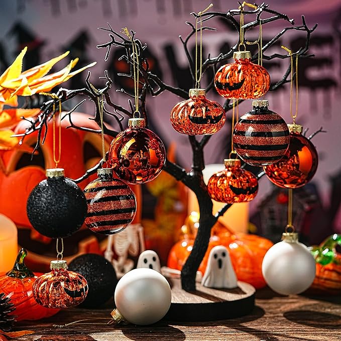 Halloween Tree Ornament Decorations Indoor, 12-Pack Pumpkin Decorative Hanging Ball Ornaments Set for Halloween Christmas Tree, Cute Holiday Party Indoor Home Decor
