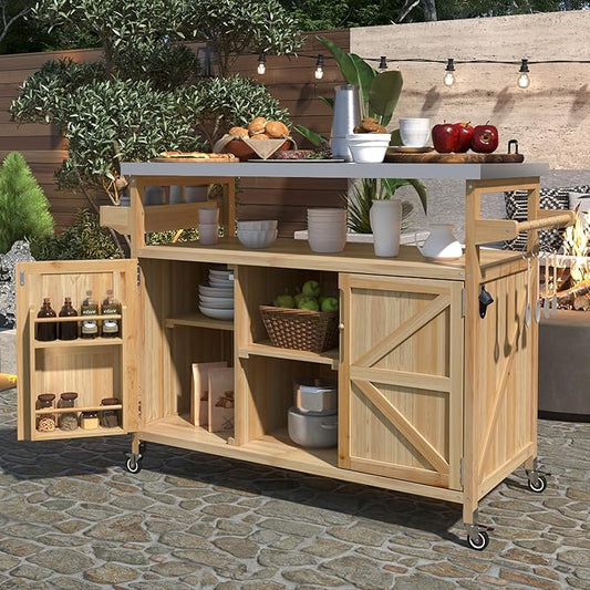 Grill Cart with Stainless Steel Tabletop - Outdoor Storage Cabinet for BBQ, Bar Patio Kitchen Island with Ample Storage and Lockable Wheels