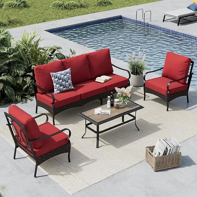 MFSTUDIO 4 Pieces Outdoor Patio Furniture Set, Metal Outdoor Conversation Set, Rattan Wicker Patio Sectional Sofa Set with 2 x Fixed Single Sofa, 3-Seat Sofa, 1 x Coffee Table, Red