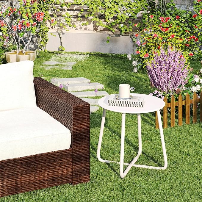 HollyHOME Round Metal Side Table, Rust-Resistant Patio Small Plant Stand, Outdoor 17.32'' Portable End Table for Balconies, Gardens, Living Rooms and Bedrooms, White