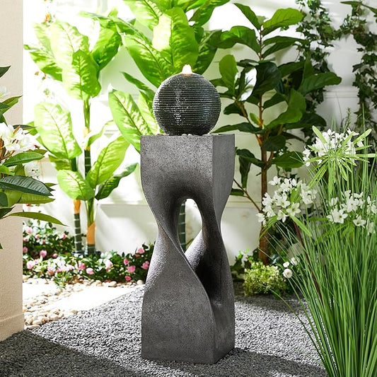 Glitzhome Modern Geometric Outdoor Water Fountain with LED Light, Oversized Pedestal Water Fountains with Submersible Pump, Sphere Floor Standing Fountain with Pebbles for Garden Patio Decor, 40.5”H