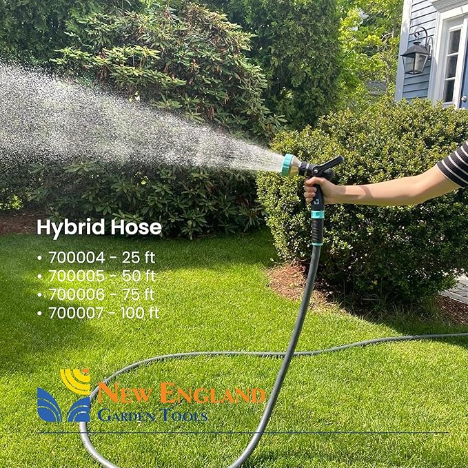 Hybrid Garden Water Hose 25 ft x 5/8”, Durable Heavy Duty Material, Kink-Free with Swivel Grips and Anodized Couplings, 700004 by New England Garden Tools