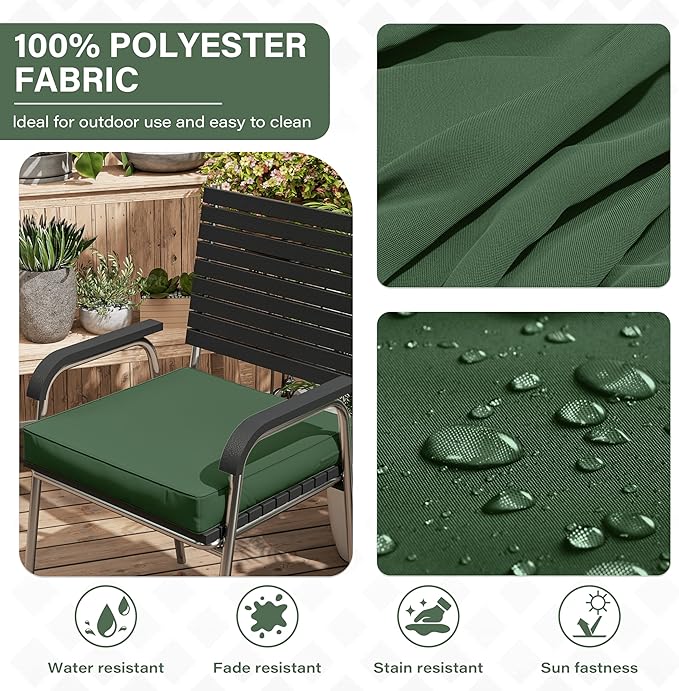 Patio Chair Cushions 17 X 16 X 3 Inch Waterproof Outdoor Seat Cushions for Patio Furniture, Outdoor Sofa Couch Pads with Ties & Handle, Set of 2, Green