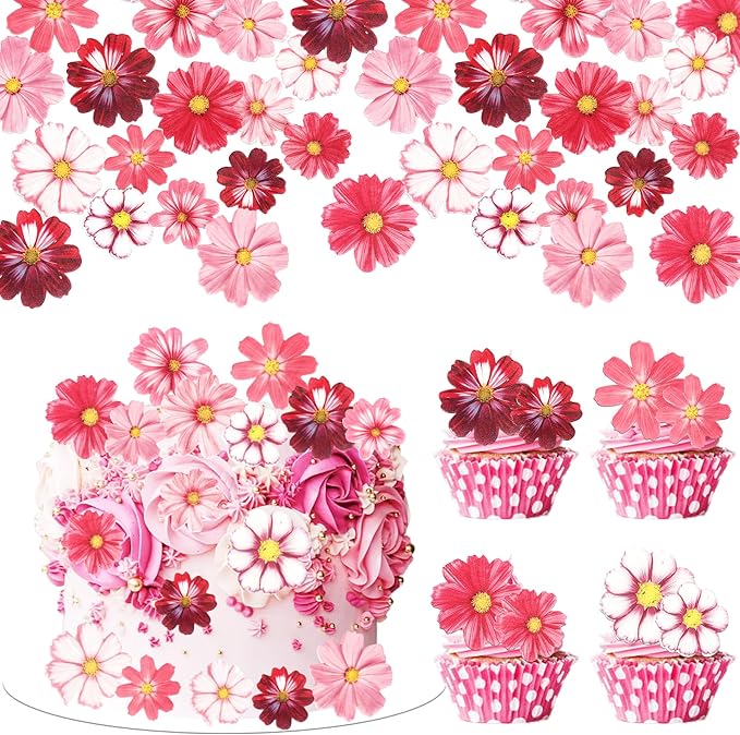 65 PCS Edible Gosang Flowers Cupcake Toppers Wafer Paper Flower Birthday Party Decorations Edible Hibiscus Wildflower Cupcake Picks for Baby Shower Wedding Birthday Party Cake Decorations Supplies
