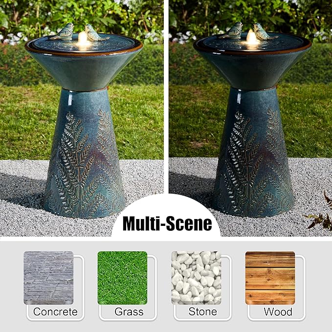 Glitzhome 27.5" H Outdoor Garden Water Fountain with LED Light and Pump, Turquoise Two Birds Embossed Pattern Pedestal Ceramic Floor-Standing Water Fountain for Yard Floor Patio Backyard