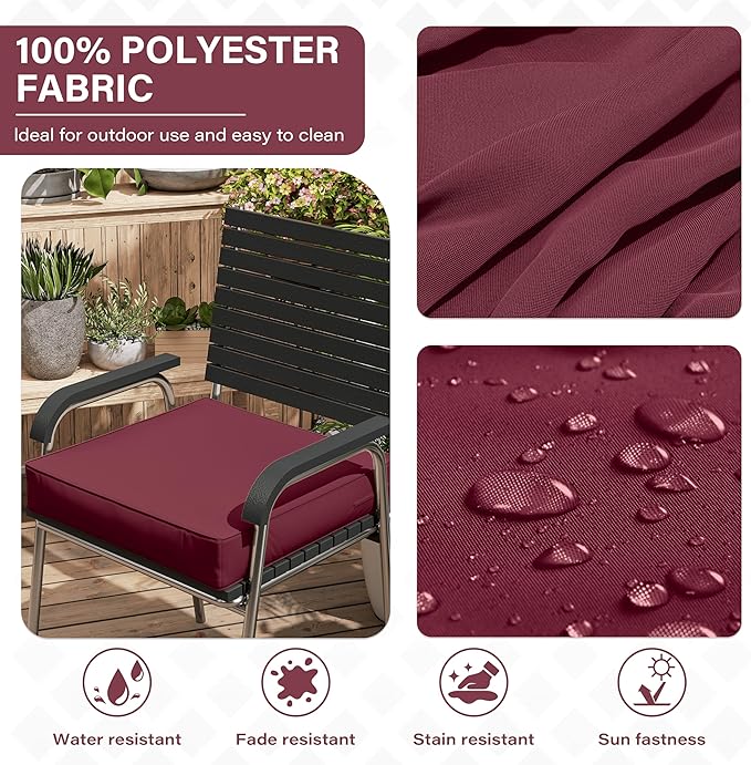 Patio Chair Cushions 22 X 22 X 4 Inch Waterproof Outdoor Seat Cushions for Patio Furniture, Outdoor Sofa Couch Pads with Ties & Handle, Set of 2, Burgundy