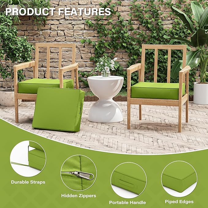 Patio Chair Cushions 18.5 X 16 X 4 Inch Waterproof Outdoor Seat Cushions for Patio Furniture, Outdoor Sofa Couch Pads with Ties & Handle, Set of 2, Grass Green