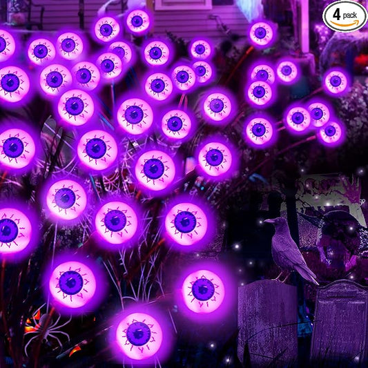 4 Pack Solar Purple LED Eyeball Halloween Outdoor Lights - Waterproof, Swaying Fairy Lights for Pathway, Yard & Garden Decorations