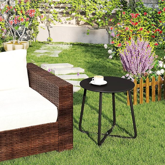 HollyHOME Round Metal Side Table, Rust-Resistant Patio Small Plant Stand, Outdoor 17.32'' Portable End Table for Balconies, Gardens, Living Rooms and Bedrooms, Black