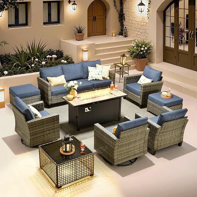 ovios 10 Pieces Patio Furniture Set with Swivel Chairs Rocking Gliders, 54" Fire Pit Table, Outdoor Sofa Couch with Solar Lights Table, Modern Deep Seat Wicker Rattan Conversation Set, Denim Blue