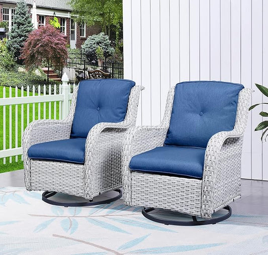 HUMMUH Outdoor Swivel Rocker Wicker Patio Chairs Set of 2,PE Rattan Rocking Chair Furniture Set(Light Grey,Blue)